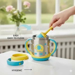 Image showing the wide-mouth opening of the stainless steel sippy cup, which makes it simple to clean and sterilize for maximum toddler hygiene.