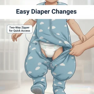 Illustration showing the bottom zipper access for easy diaper changes in a toddler sleep suit.