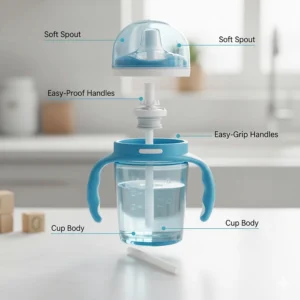 Exploded view showing the five simple, easy-to-clean parts of the wide-mouth sippy cup with handles.