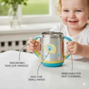 Illustration highlighting the comfortable, non-slip, and removable handles on the stainless steel sippy cup, ideal for a toddler's small hands.