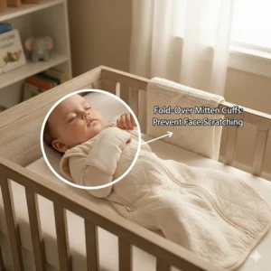 Detail of fold-over mitten cuffs on a long sleeve sleep sack to prevent face scratching.