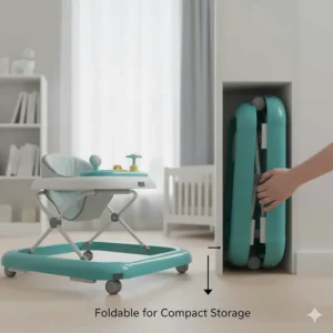 A baby walker folded flat to demonstrate easy storage and portability for travel.