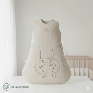 Illustration of the ergonomic bell-shaped bottom of an organic sleep sack for healthy hip joint development.