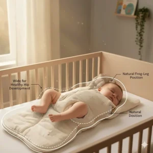 Illustration showing a hip-healthy sleep bag for baby with a wide bottom for natural leg movement.