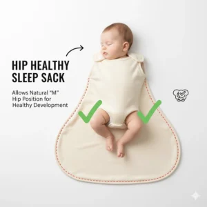 Illustration of a wide-bottom newborn sleep sack that allows for healthy natural hip movement.