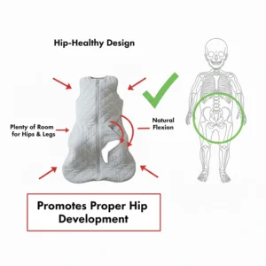 An illustration highlighting the wide, bell-shaped bottom of a transition sleep sack that allows for natural hip movement and leg flexion.