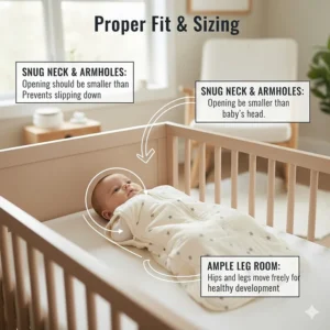 Diagram showing how a sleep sack should properly fit a 4-month-old, specifically around the neck and shoulders for safety.
