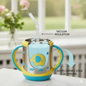Diagram showing the double-wall vacuum insulation that keeps cold drinks chilled for hours in a stainless steel toddler cup.