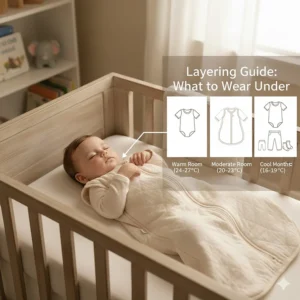 Diagram showing what a baby should wear under a long sleeve sleep sack based on room temperature.