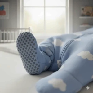 Close-up of the non-slip grip soles on the feet of a toddler wearable blanket.