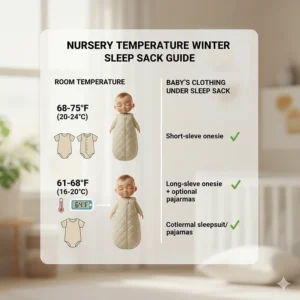 A guide showing what a baby should wear under a winter sleep sack based on room temperature.