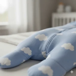 Close-up view of the breathable organic cotton fabric used in a toddler sleep sack with feet.