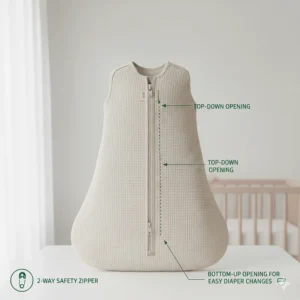 Technical illustration of a two-way safety zipper on an organic sleep sack for easy diaper changes.