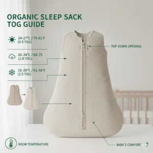 A helpful TOG rating chart for choosing the right organic sleep sack based on nursery temperature.