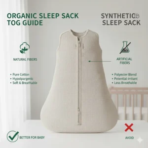 Comparison chart highlighting the skin-friendly benefits of an organic sleep sack versus synthetic alternatives.
