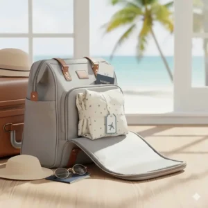 An illustration of a compact, foldable summer sleep sack packed in a diaper bag for vacation.