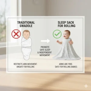 Photo of a safe sleep environment, showing a baby in a crib wearing a suitable sleep sack with no loose blankets, promoting safe rolling.