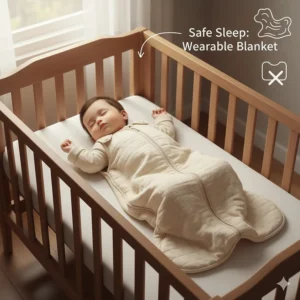 Illustration showing a long sleeve sleep sack as a safe alternative to loose blankets.