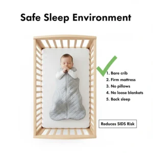 Top-down view illustration of a bare crib containing only a baby in a transition sleep sack, with no pillows or loose blankets.