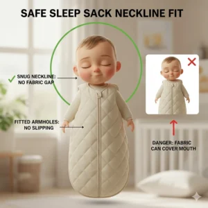 Illustration showing the correct snug fit of a winter sleep sack around a baby's neck and arms.