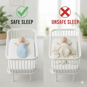 Illustration comparing the safety of a fitted summer sleep sack versus a loose blanket in a crib.