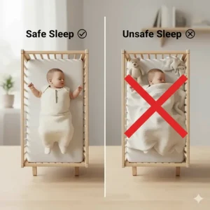 Diagram comparing a secure sleep bag for baby versus unsafe loose blankets in a crib.
