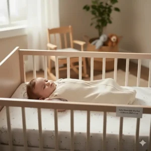 A clear image showing a 5-month-old secured in a wearable blanket (sleep sack) inside an empty crib, demonstrating safe sleep practices.
