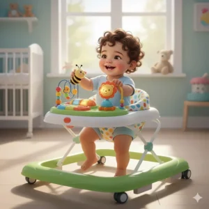 An infant sitting in a seated baby walker featuring a colorful toy tray and padded seat.