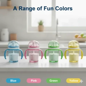 A colorful set of four different sippy cups with handles for toddlers in blue, pink, green, and yellow.