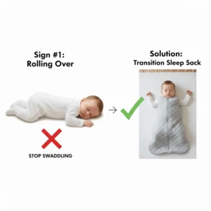 Diagram showing a baby rolling over, indicating it is time to switch from a swaddle to a transition sleep sack for safety.