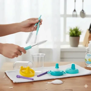 A set of cleaning tools next to disassembled sippy cup parts, illustrating how to keep the cups mold-free.