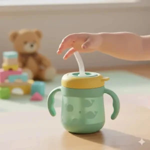 A bright, appealing sippy cup with a straw for toddlers, shown upright and ready for use on a clean surface.
