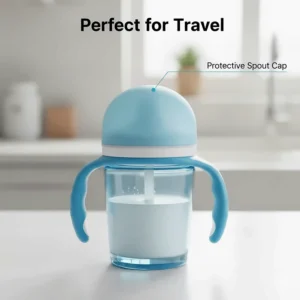 A photo of the sippy cup ready for travel, showing the protective, hygienic snap-on lid and cap covering the spout.