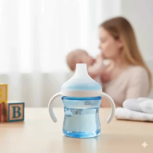 A close-up of a small, soft-spout transition sippy cup ideal for a 6-month-old baby moving from bottle or breast.