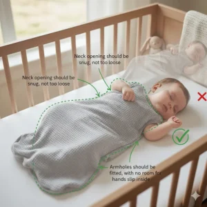 Diagram illustrating the correct and safe fit of a sleep sack, with adequate neck and armhole openings for a 3-month-old.