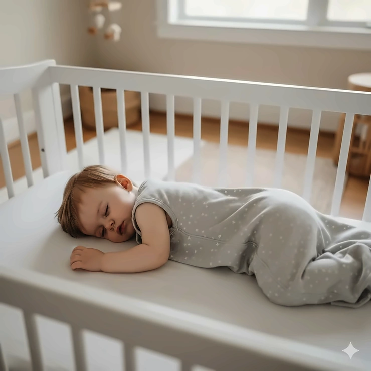 A comfortable, lightweight cotton sleep sack for babies who roll, featuring ample room around the hips and arms-free design to allow safe movement in the crib.