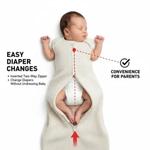 Diagram showing an inverted zipper on a newborn sleep sack for easy midnight diaper changes.