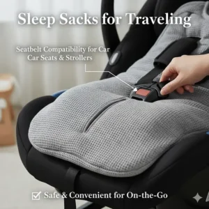 Detail photo showing the buckle slot on a sleep sack, making it compatible for use in a car seat or stroller during travel.