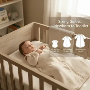 Size comparison chart for long sleeve sleep sacks from newborn to toddler stages.