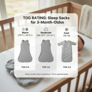 Infographic chart explaining the different TOG ratings for a sleep sack and which weight is best for a 3-month-old in different room temperatures.