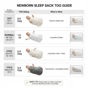 An informative chart explaining TOG ratings for newborn sleep sacks based on nursery temperature.