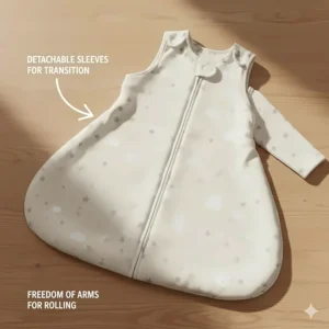 Image of a one-year-old baby peacefully sleeping on their tummy in a breathable, appropriately sized sleep sack that accommodates rolling.