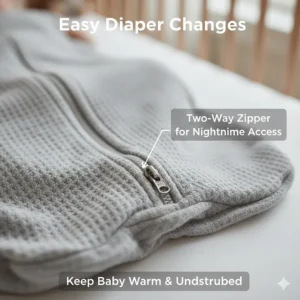 Close-up on a sleep sack's two-way zipper designed to allow easy and quiet nighttime diaper changes without removing the sack.
