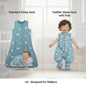 Comparison diagram showing a traditional infant sleep sack versus a toddler sleep sack with feet for walkers.