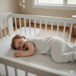 Diagram highlighting the key features of a safe sleep sack for babies who roll, showing the wide hip area and freedom of the arms.