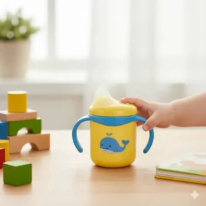 A review of a durable, soft-spout sippy cup for a 9-12 month old, focused on leak-proof design and easy-grip handles.