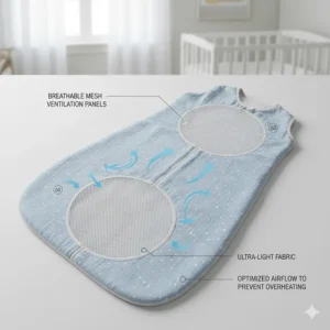 A diagram highlighting mesh ventilation panels on a lightweight summer sleep sack to prevent overheating.