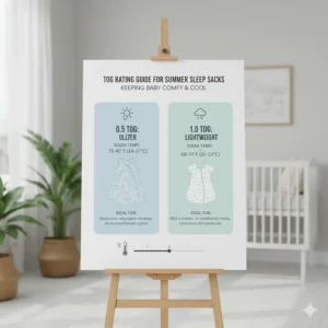 An informational chart explaining 0.5 TOG and 1.0 TOG ratings for a summer sleep sack based on room temperature.