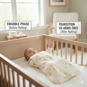 A convertible sleep sack demonstrating the transition from swaddling to arms-free use for a 4-month-old who is starting to roll over.