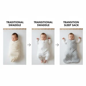 Illustration showing the three stages of infant sleep: traditional swaddle, transitional swaddle with arms up, and a sleeveless transition sleep sack.